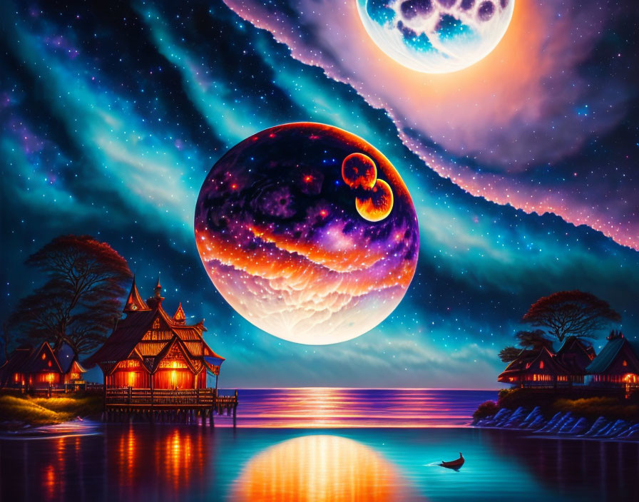 Colorful artwork: Large planets, starry sky, traditional houses, water body, boat, cosmic