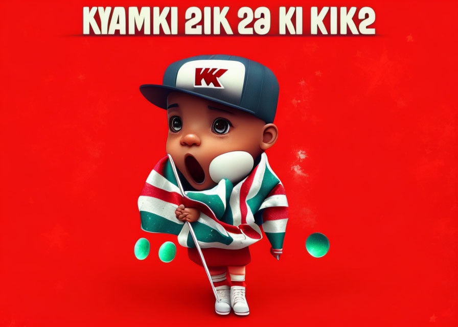 Cartoon baby in oversized clothing against red background with mirrored text