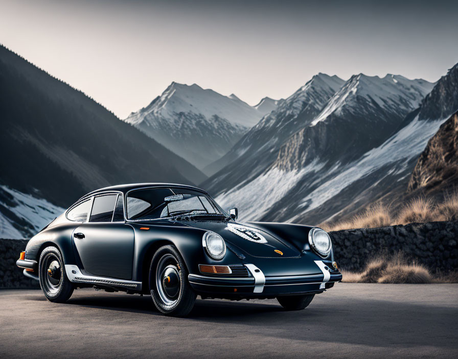 Vintage Black Porsche 911 on Asphalt Road with Snow-Capped Mountains at Twilight