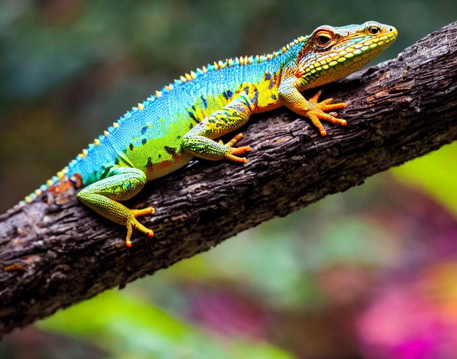 Vibrant green, blue, and yellow lizard on dark branch in nature.