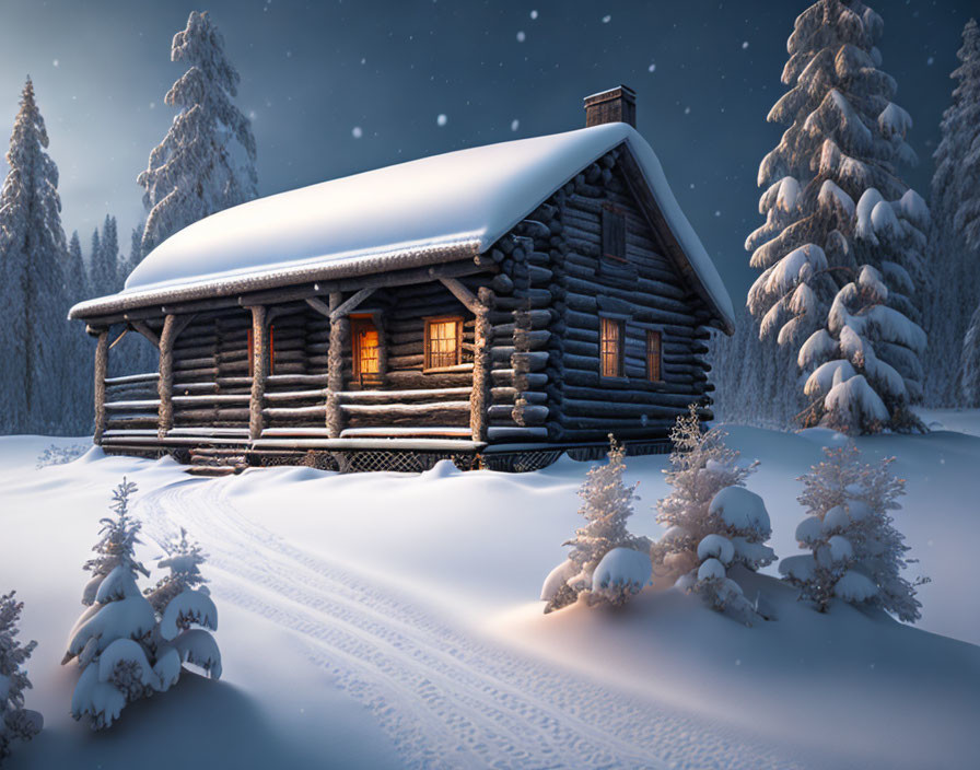 Cozy wooden cabin in snowy twilight scene