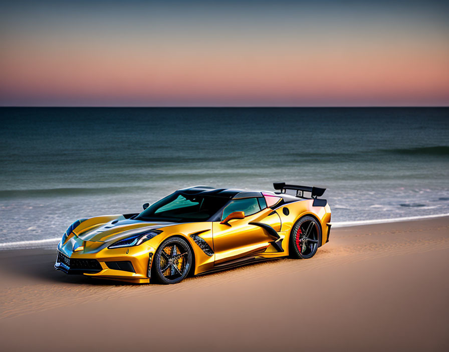 Yellow Sports Car with Black and Red Accents on Sandy Beach at Sunset