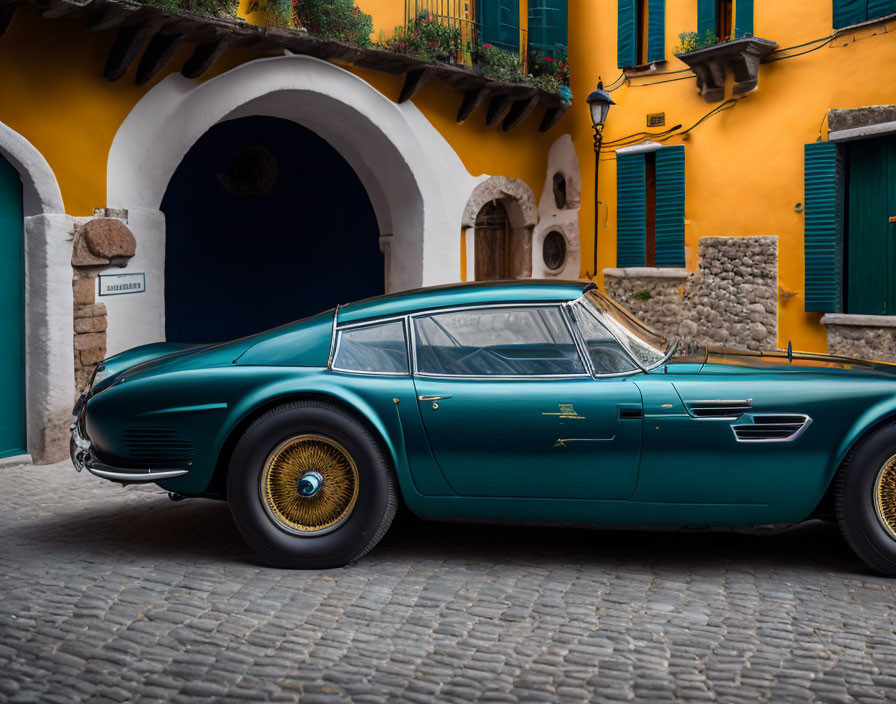 Vintage teal sports car parked on cobblestone street in front of yellow house with blue trim.