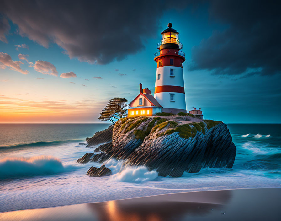 Scenic lighthouse on cliff at sunset with crashing waves