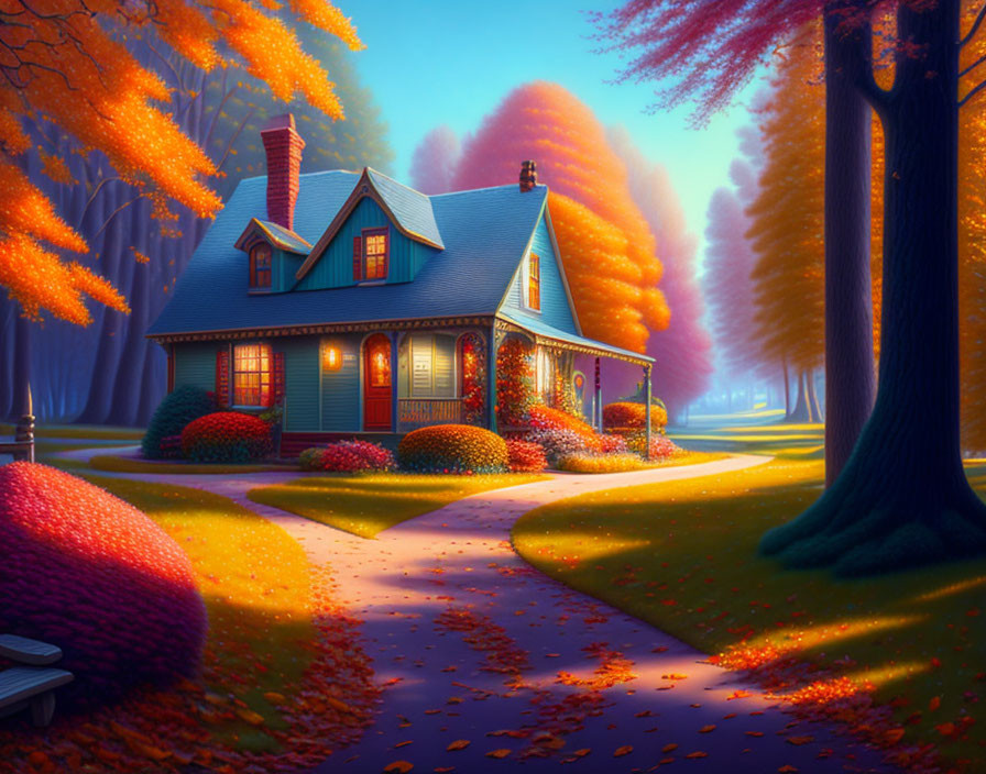 Autumnal scene: Cozy house, lit windows, twilight sky, lush foliage.