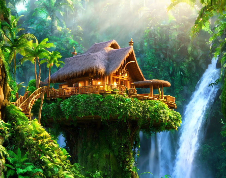 Thatched-Roof House on Green Cliff with Waterfall