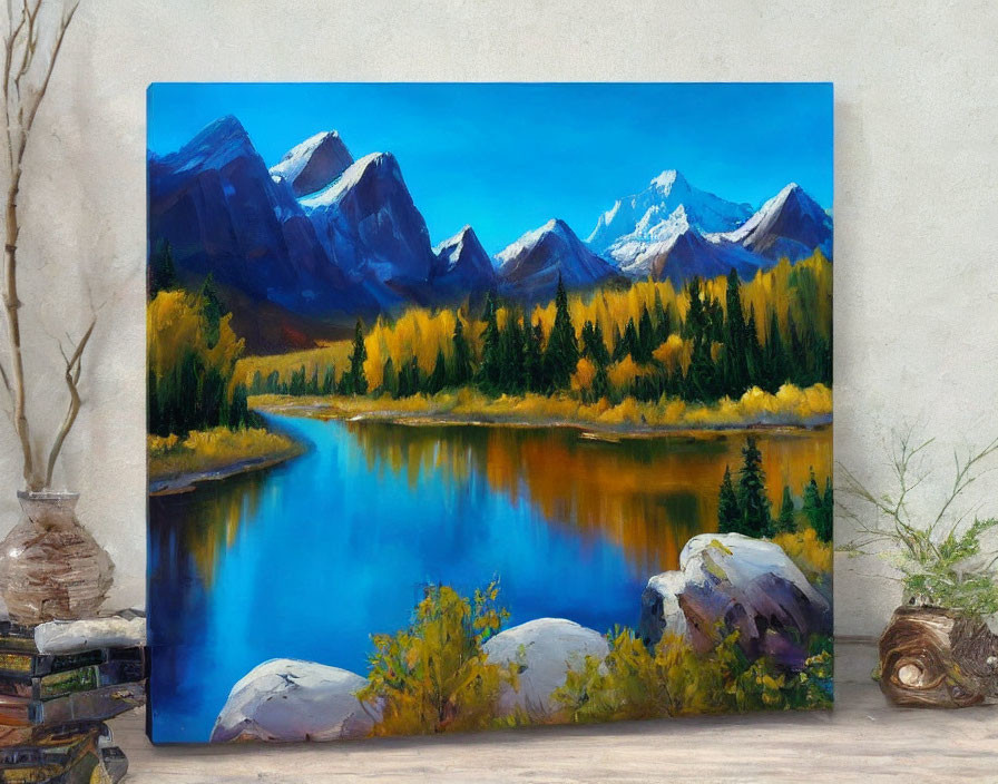 Mountain Landscape Painting with Blue River and Autumn Trees on Display