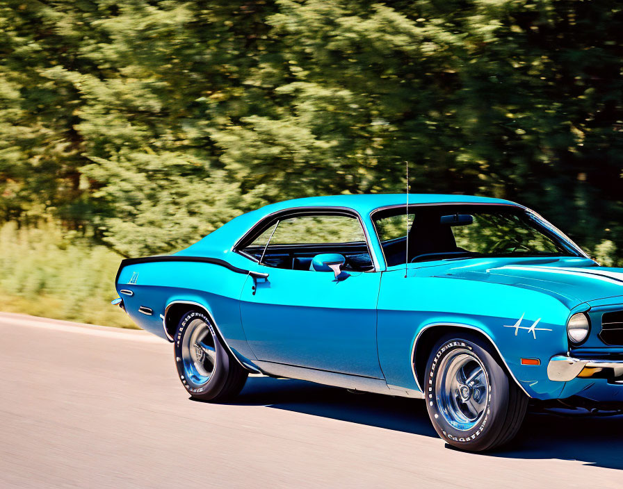 Vintage blue muscle car with racing stripes on lush green road