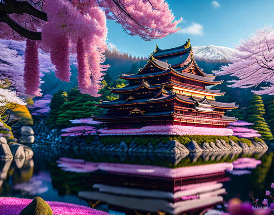 Vibrant Japanese pagoda with cherry blossoms, pond, and mountain