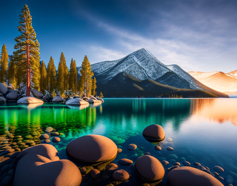 Tranquil Lake Scene with Stones, Pine Trees, and Snow-Capped Mountain