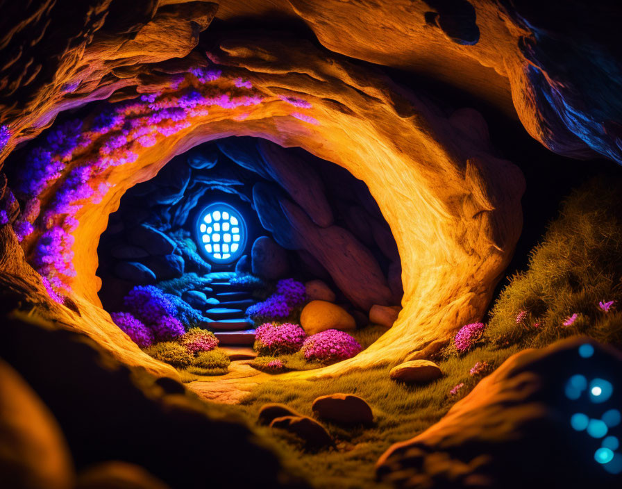 Enchanted cave with neon-purple flora and illuminated pathways