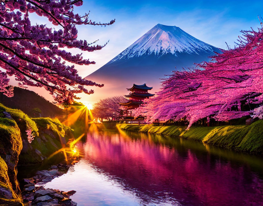 Scenic Sunset View: Mount Fuji, Cherry Blossoms, Pagoda, Serene Lake