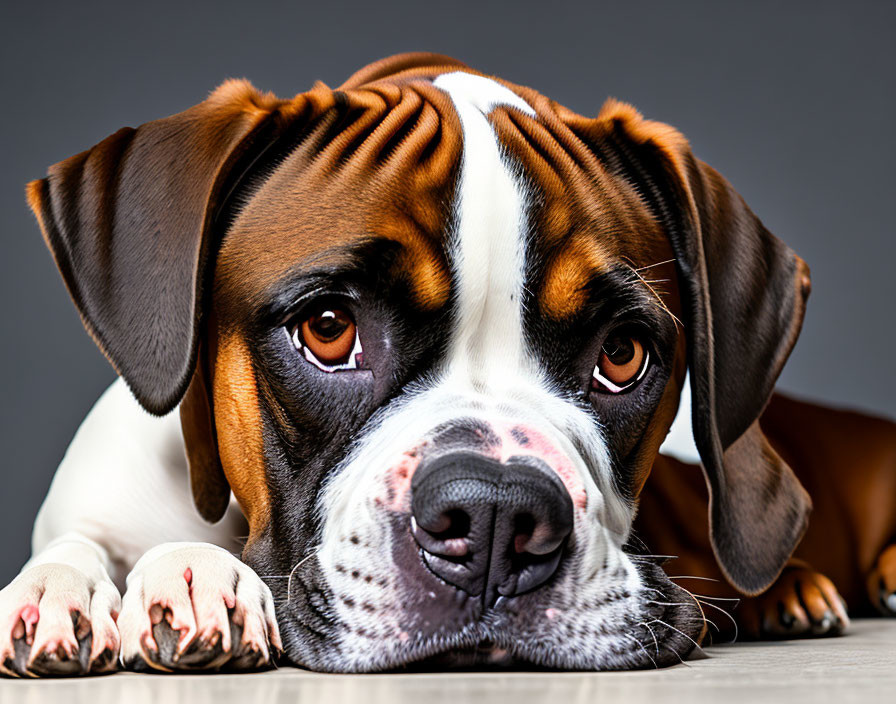 Brown and White Boxer Dog with Soulful Eyes on Grey Background