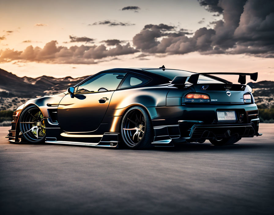 Customized Black Sports Car with Wide-Body Kit and Rear Wing in Desert Setting