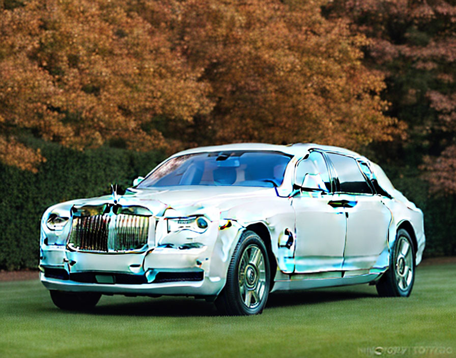 Luxury Sedan with Reflective Chrome Finish on Blurred Background