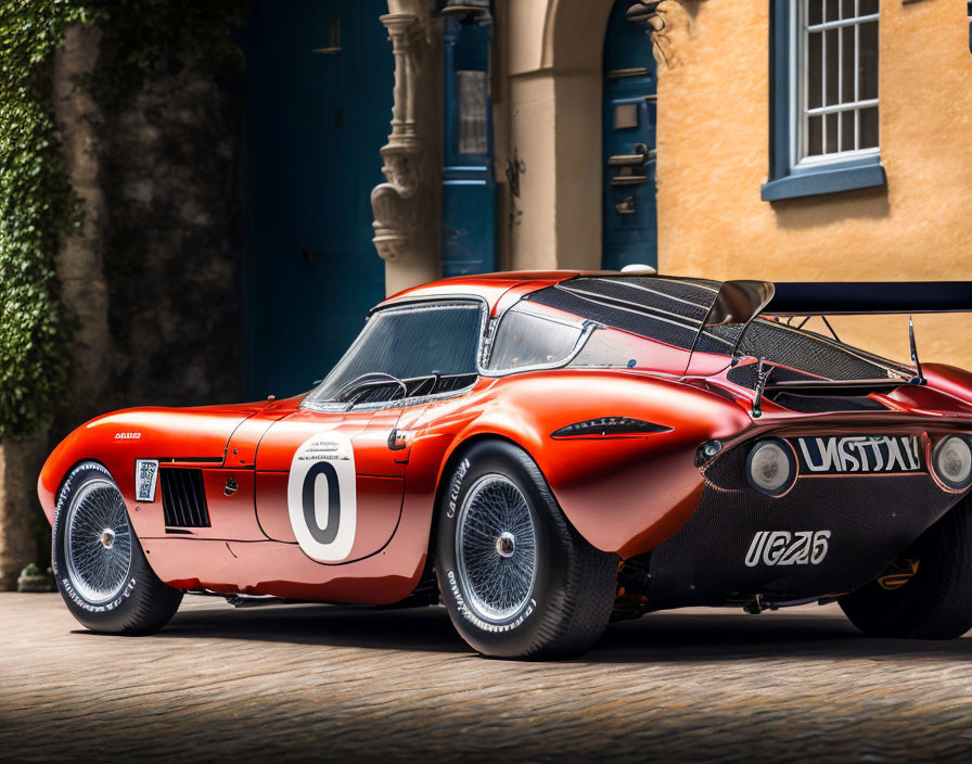 Vintage Orange Racing Car with Number "0" and Sponsor Decals in Courtyard Setting