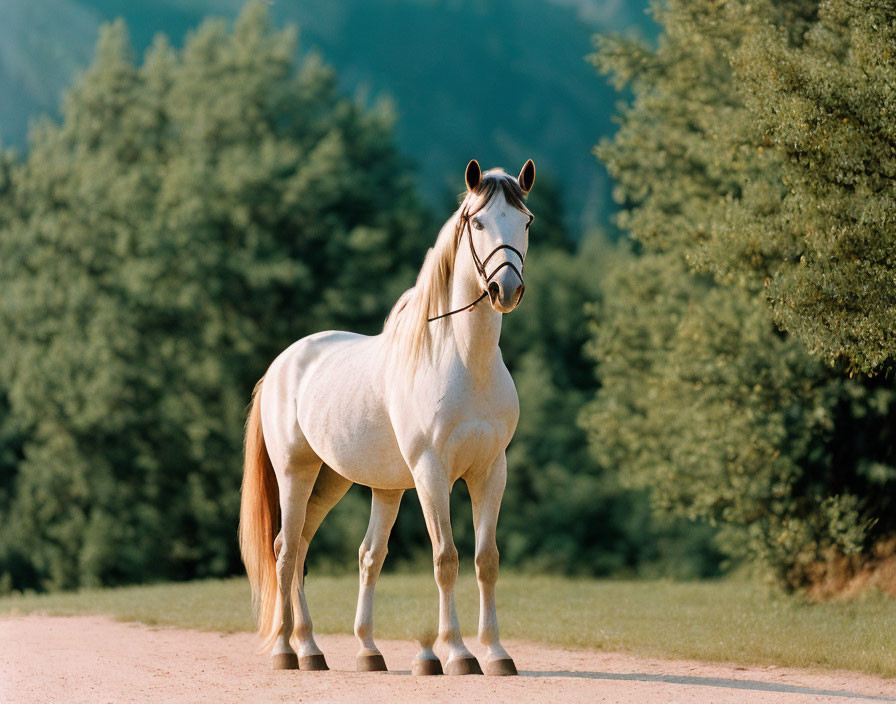 Majestic white horse in lush greenery with shining coat