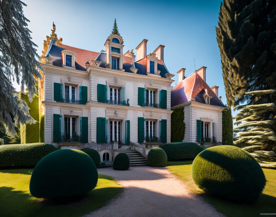 Grand Mansion with Red Tiled Roof, White Walls, and Green Shutters in Manicured Gardens