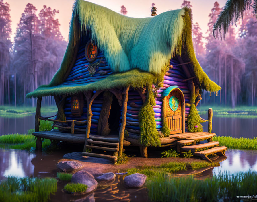 Enchanting fairytale cottage by calm lake at twilight