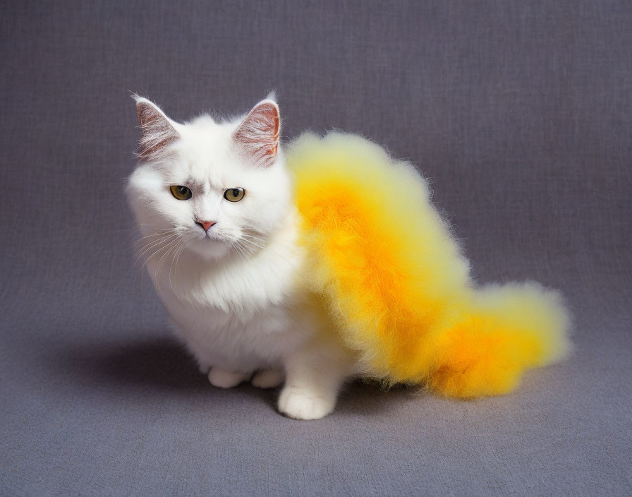 Fluffy White Cat with Yellow and Orange Gradient Tail on Grey Background