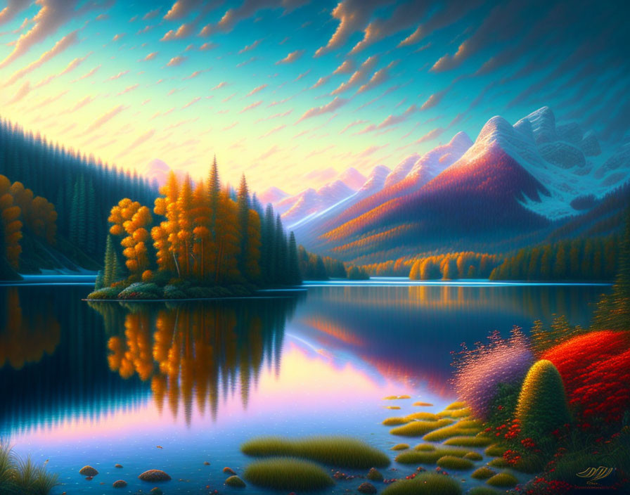 Tranquil autumn landscape with serene lake, colorful trees, mountains, and sky.