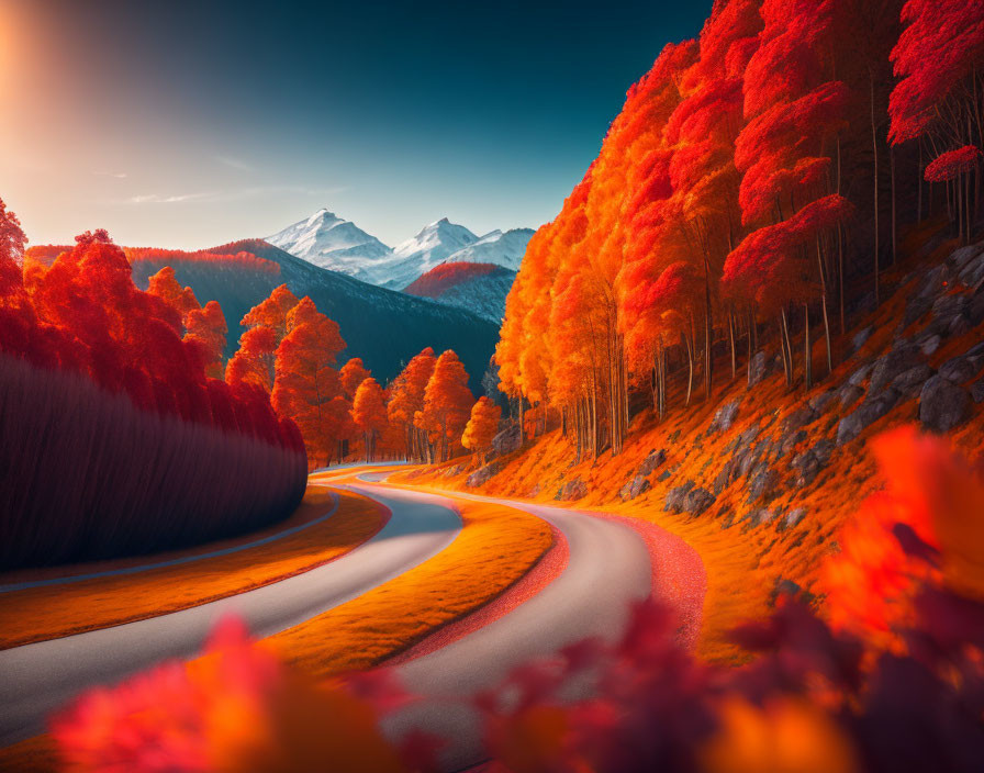 Scenic autumn forest with red trees, snowy mountains, and warm sky