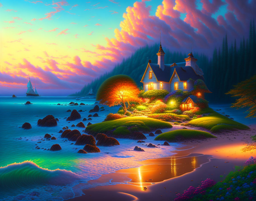 Scenic sunset view of a seaside cottage with vibrant skies and sailing boat