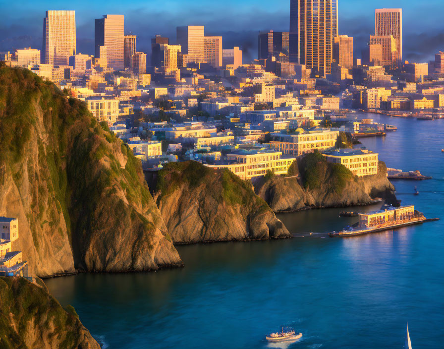 Cityscape at Sunrise with Rugged Cliffs and Boats