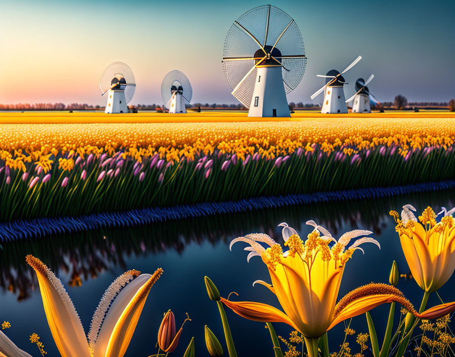 Scenic Dutch countryside: Vibrant tulip fields, windmills, and water canal at dusk