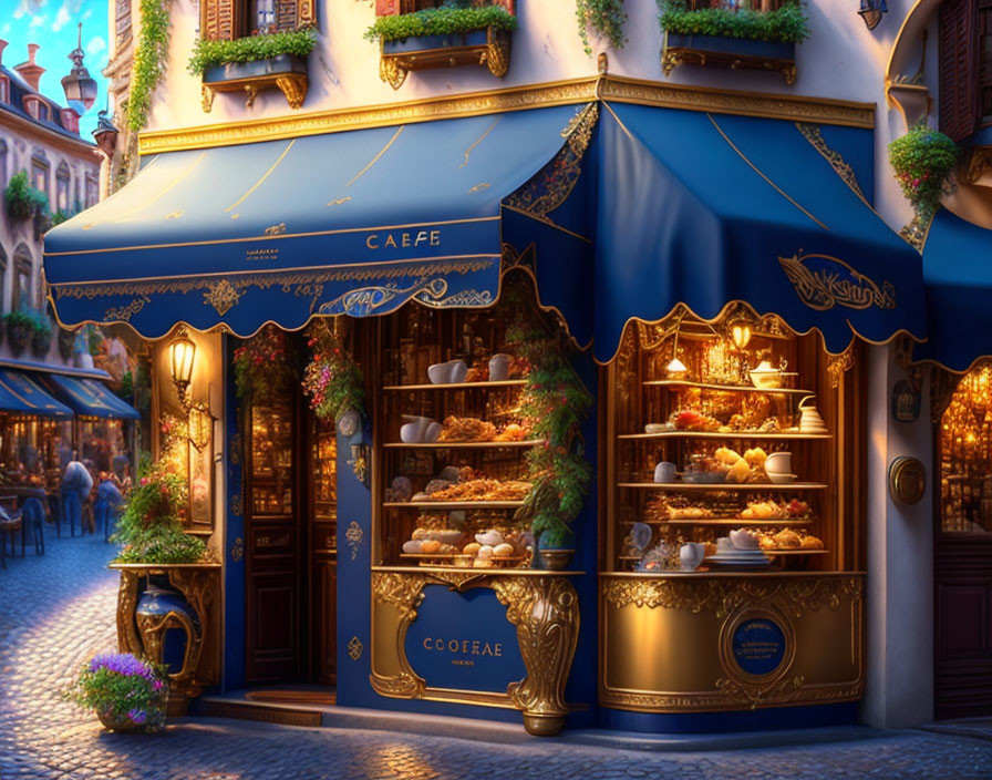 Charming café with blue awnings and pastries on cobblestone street