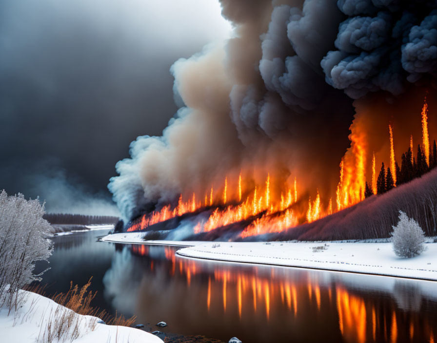 Forest wildfire near river with thick smoke, snowy backdrop, and ominous skies