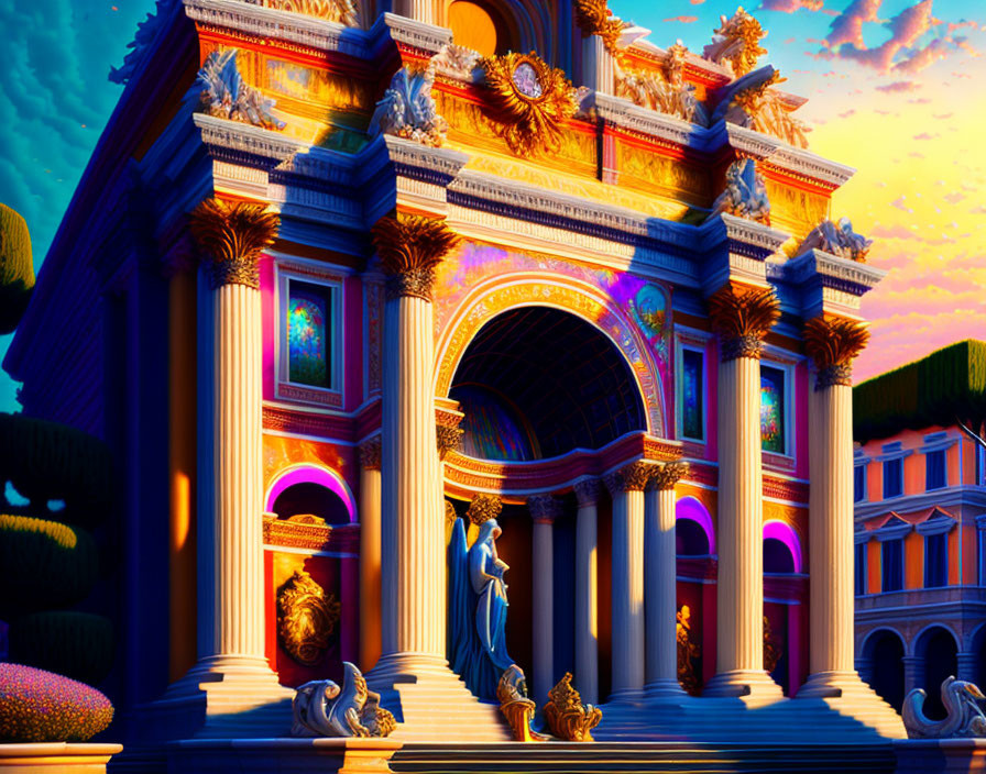 Digital art: Classical archway with woman statue against sunset sky.