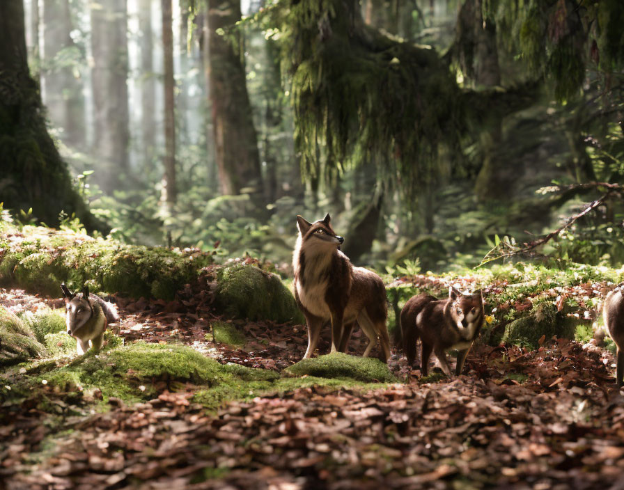 Sunlit Forest Scene: Wolves Among Dense Trees, Moss-Covered Ground, and Mist