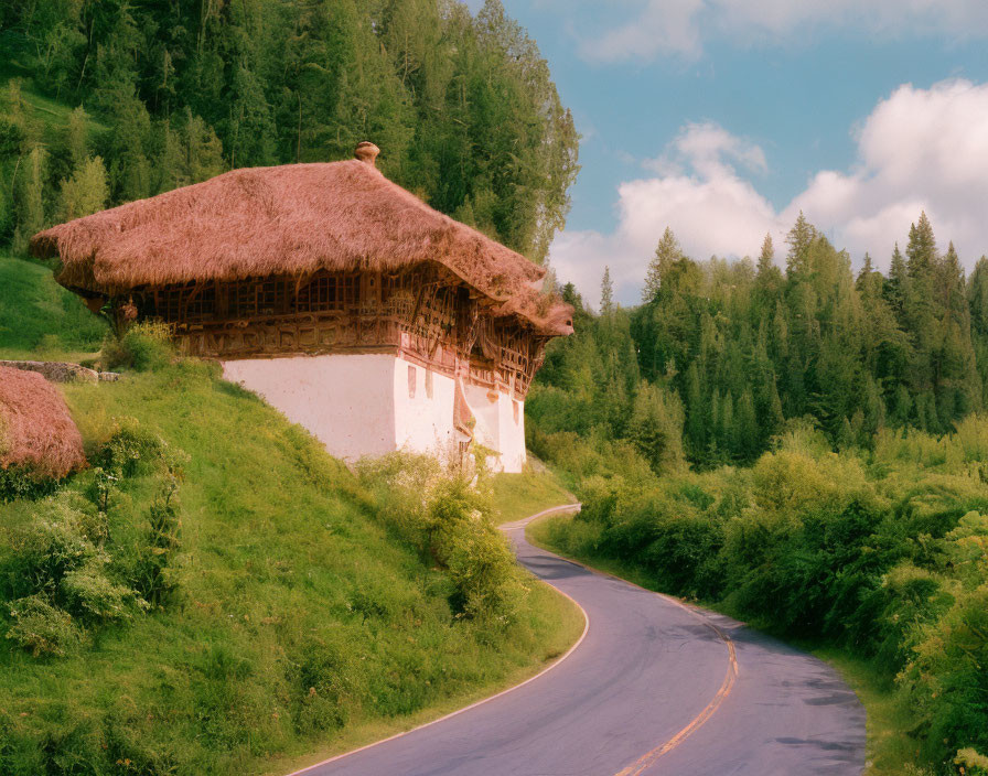 Rural Thatched-Roof Cottage in Green Hills