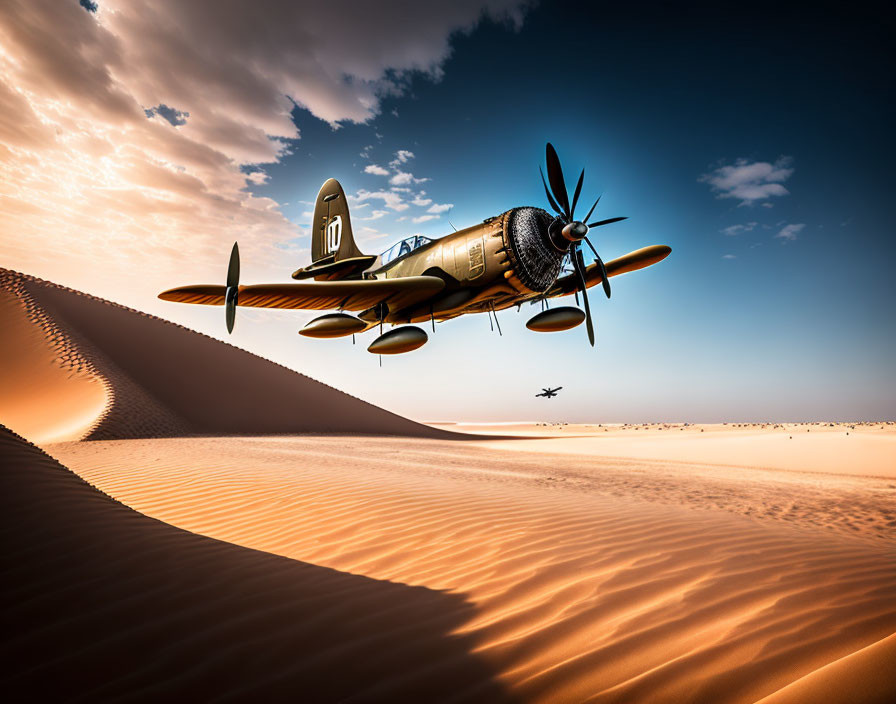 Vintage fighter planes flying over desert sand dunes under golden sky