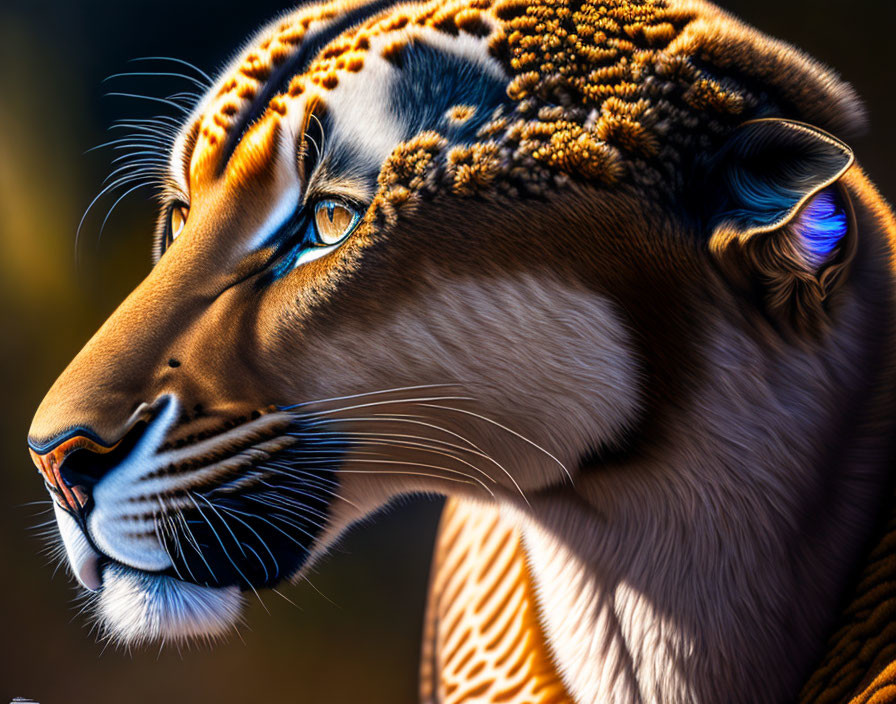 Detailed Close-Up Digital Art of Majestic Tiger with Blue Eyes and Tribal-Like Patterns