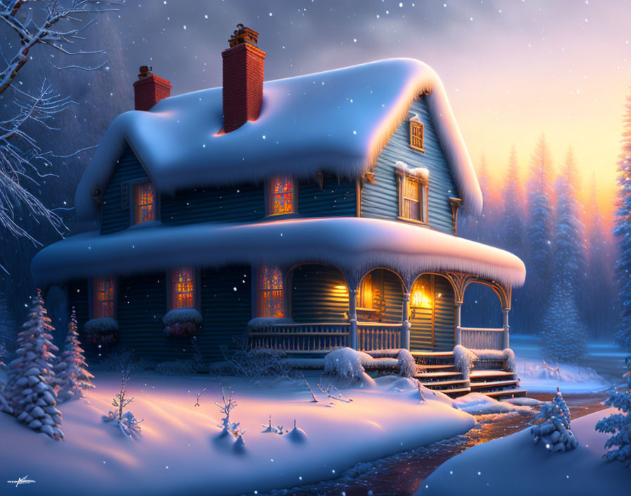 Snow-covered two-story house in twilight winter landscape