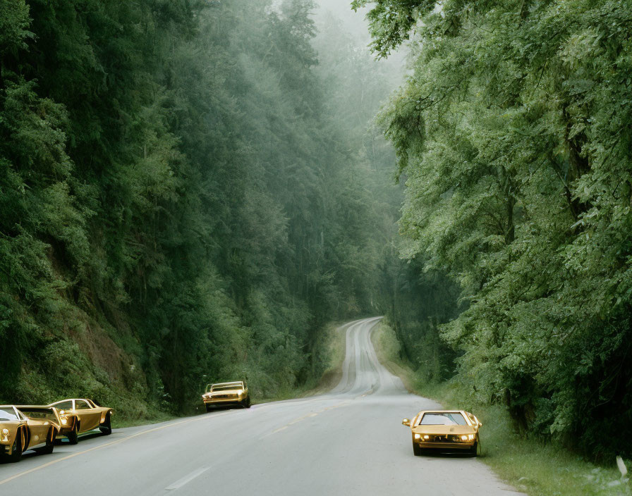 Yellow Sports Cars Convoy on Misty Tree-Lined Road