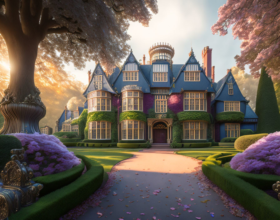 Victorian-style mansion with ivy, gardens, and stone path at sunset