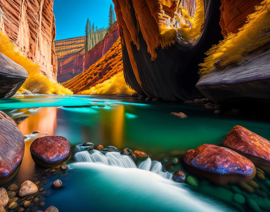 Scenic river canyon with red cliffs, waterfall, and smooth rocks