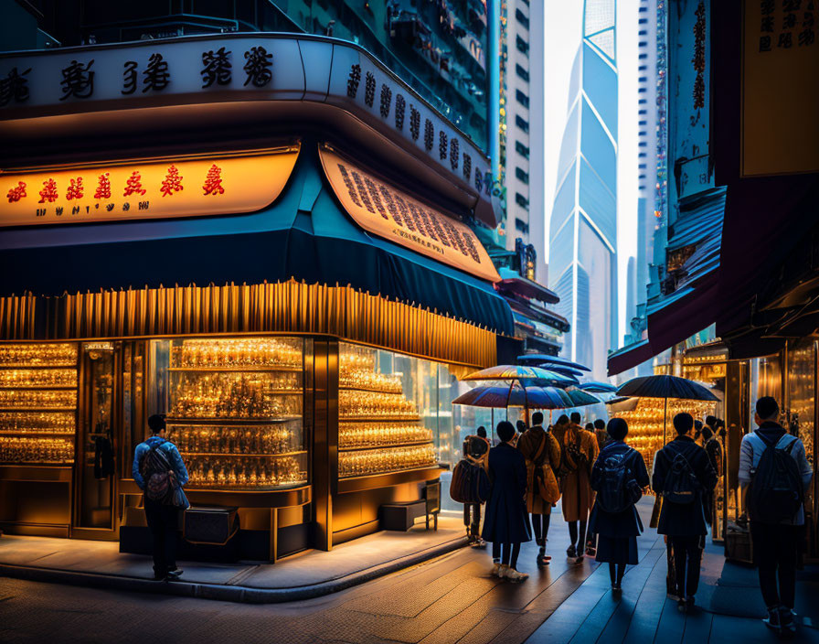 City street scene: People with umbrellas passing brightly lit traditional store at dusk