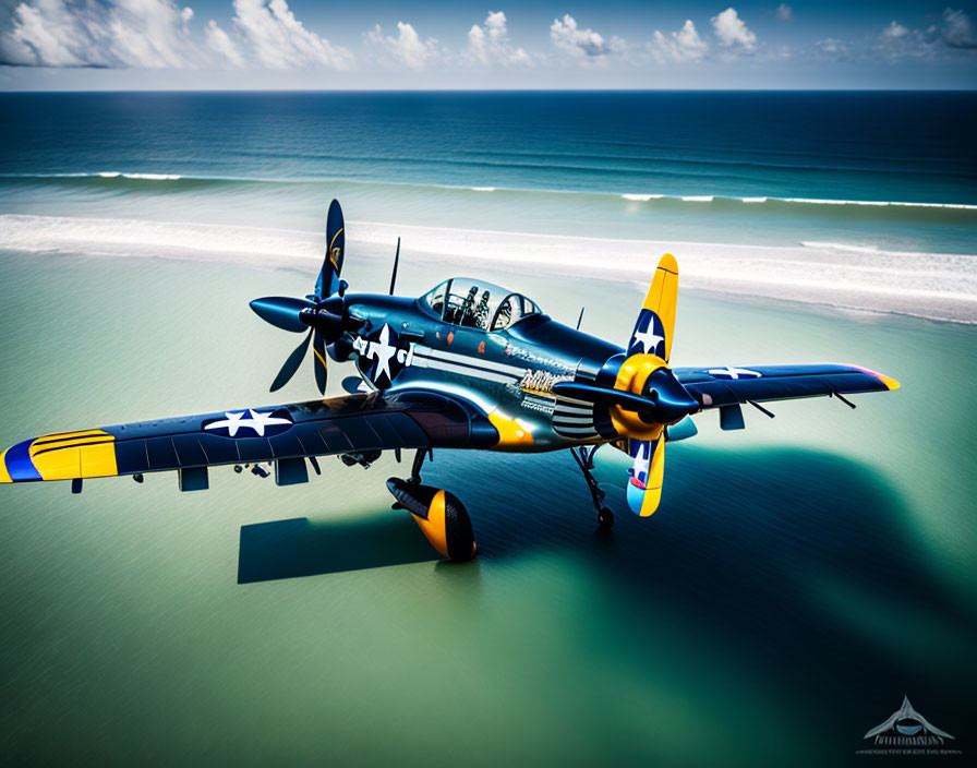 Vintage warplane painted in blue and yellow flying over calm sea and sandy beach