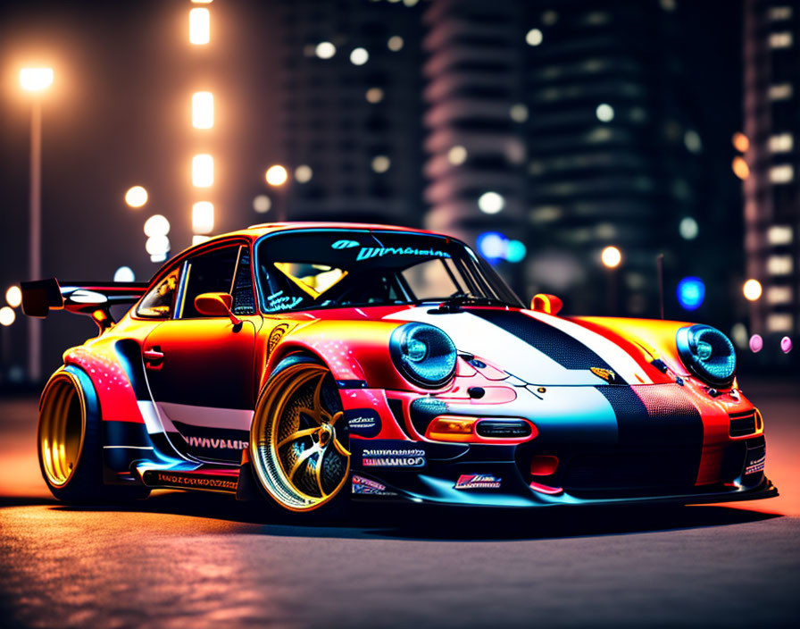 Vibrant Porsche with racing decals in city night scene