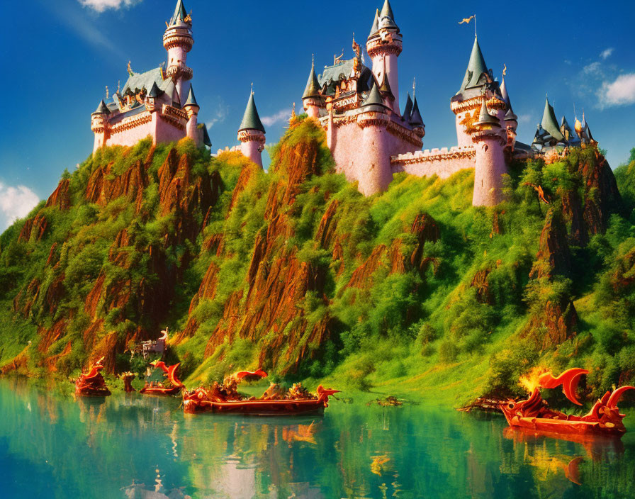 Whimsical castle with spires on green hill, boats on blue lake