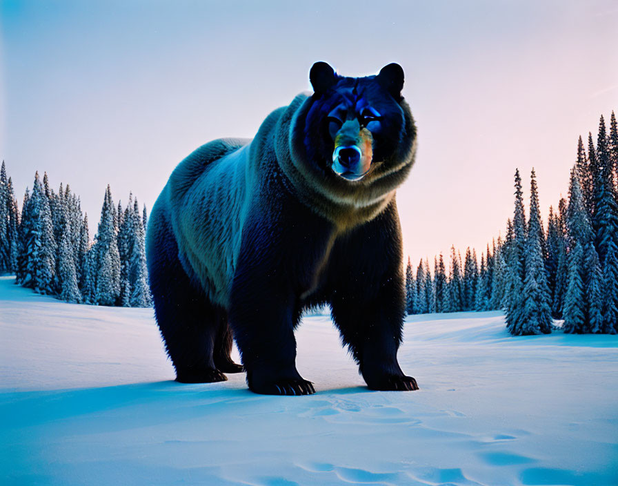 Large bear in snowy landscape with coniferous forest and twilight sky