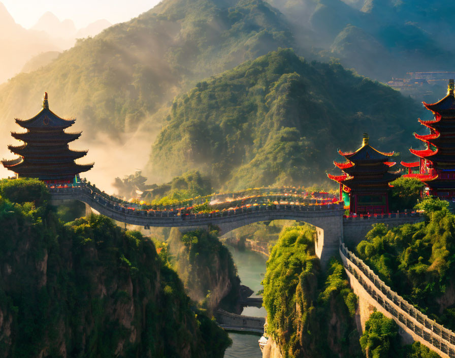 Traditional Chinese Pagodas on Bridge Amid Misty Mountains