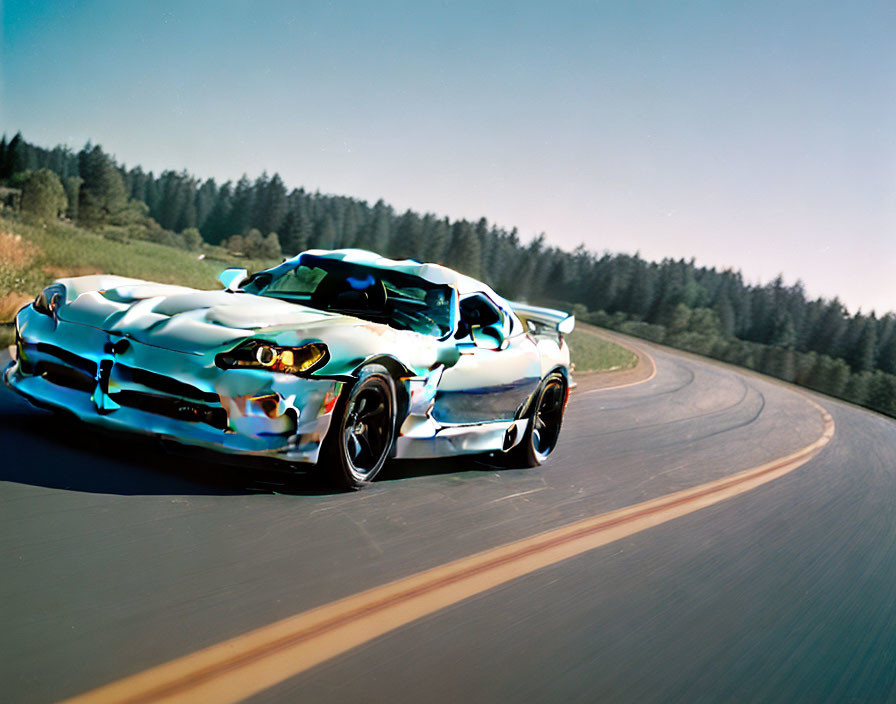 Modified sports car with glossy paint on curved road.