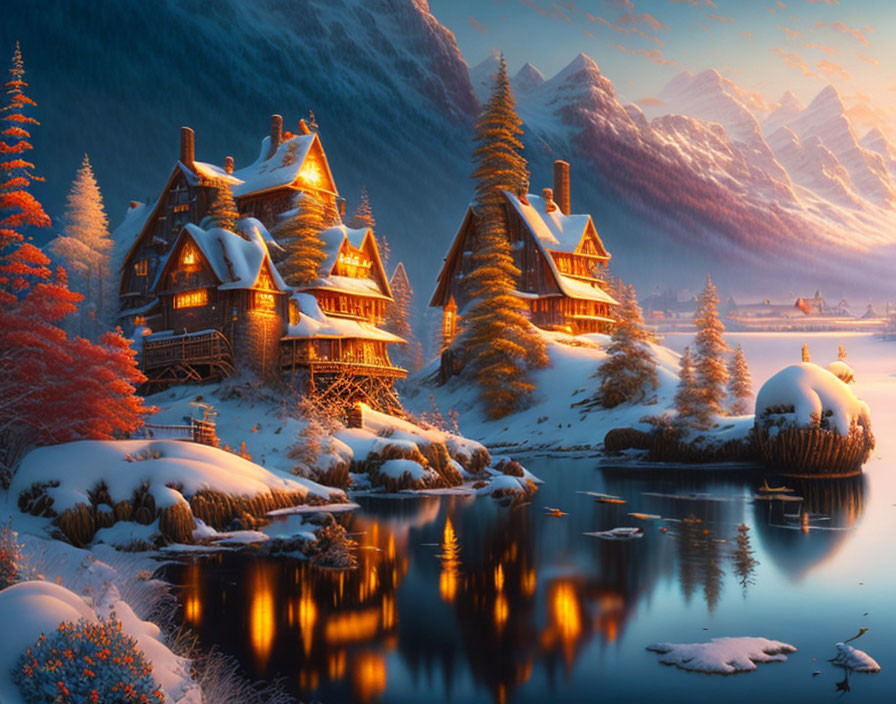 Winter scene: Snow-covered cabins by a calm lake at dusk