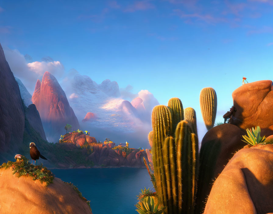 Colorful animated landscape with cacti, bird, and village at sunset