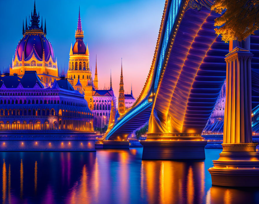 Cityscape with illuminated buildings and bridge at twilight